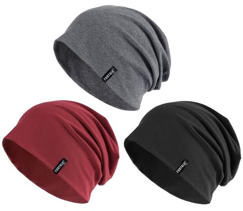 FURTALK Mütze Beanie für Herren Damen Baumwolle Sommermütze Stylisch Leicht Atmungsaktiv Laufen Schlafen Chemo Kopfbedeckung, Schwarz+Dunkelgrau+Weinrot