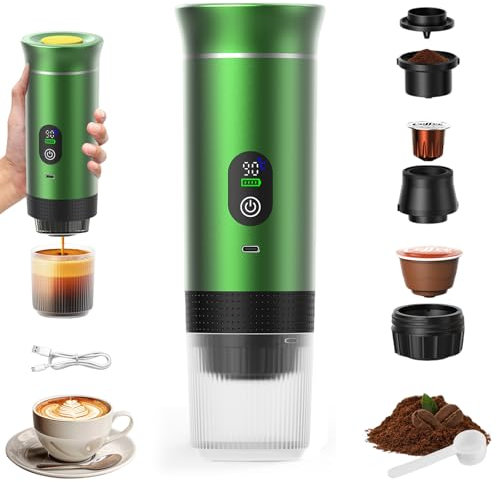 VHV Cafetera portátil 3 en 1, Recargable Cafetera portátil de viaje, 12 V Expresso Machine a Cafe para cápsula, café molido, para camping, viajes, oficina, coche, casa verde)