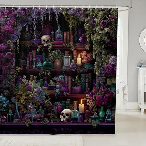 Homewish Gothic Skull Duschvorhang 180x180,Vintage Witchy Badvorhang für Jungen Mädchen Schreckliche Magie Bücherregal Badezimmerzubehör Schwarzer Retro Zauberer Mysteriös Cool Badezimmer Duschvorhang
