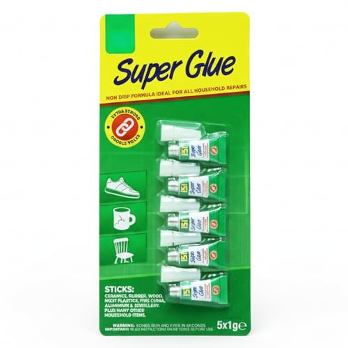 Super Glue 5x1g Tubes – Strong Non-Drip Adhesive, Instant Bond, Multi-Surface DIY Repair Glue (Wood, Plastic, Rubber, Ceramic)