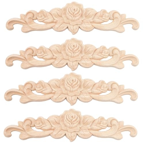 CRASPIRE 4Pcs Wood Carved Applique Onlays Rose Wooden Decorative 7.87x2 Unpainted Long Center Carving Decal for DIY Furniture Door Wall Ceiling Cabinet Dresser Mirror Bed Mantel Bench Fireplace Decor