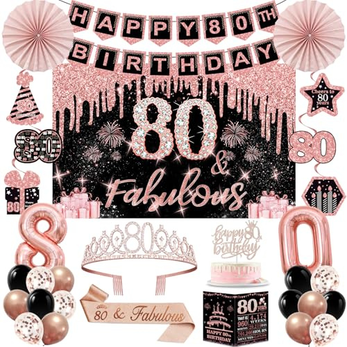 80. Geburtstag Dekorationen für Frauen, Roségold Deko 80 Geburtstag | 32pcs 80 Party Deko: Hintergrund, Krone, Sash, Banner, hängende Spirale, Kuchen Topper, Ballons, Papier Fans, Jubiläumskarte