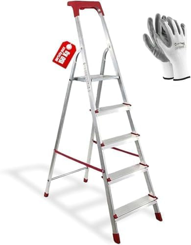 Scala Domestica in Alluminio Martina 5 Gradini con Piattaforma, Pieghevole e Leggera, Vaschetta Portaoggetti, Portata 150 kg, Certificazione EN131, Made in Italy