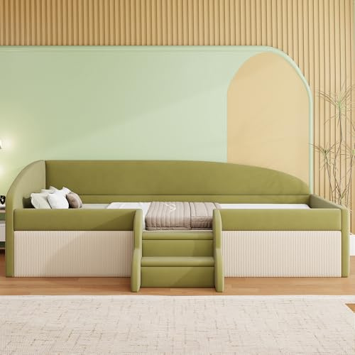 Lexiou Polsterbett Sofabett,90 * 190cm,Multifunktionsbett, Mit Stufen und Zäunen,Hautfreundlicher Samtstoff,ohne Matratze (Dunkelgrün + Cremeweiß)