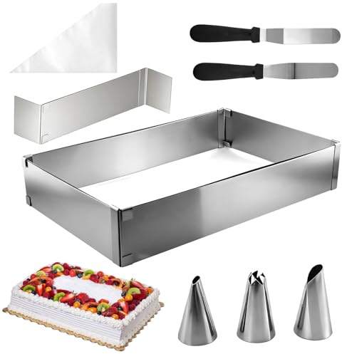 ZHUDALA Ensemble d'anneaux à gâteau rectangulaires réglables - Cadre de cuisson en acier inoxydable avec séparateur, spatule, sac à piping et buses - Passe au lave-vaisselle