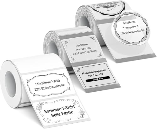 NIIMBOT Etiketten Wasserfeste Selbstklebender Etikettenband für B1 B1Pro B2 B2Pro B21 B21Pro B31 B3S K3 Etikettendrucker, 50x30mm Weiß, 40x30mm Transparent, 50x50mm Transparent Rund