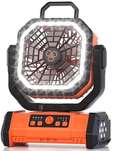 Honesorn Ventilateur portable rechargeable de 20 000 mAh, ventilateur de camping avec lumière LED et télécommande, alimentation par batterie USB C, crochet de suspension pour tente de voyage