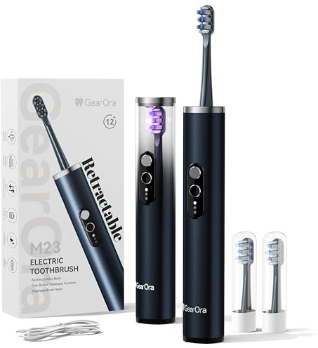 GearOra M23 Retractable Travel Electric Toothbrush with UV Sanitiser, Sonic Electric Toothbrush for Adults, 30-Day Battery, Aluminum Alloy, 130g Ultra-Light, 3 Modes, USB-C, IPX7, Blue