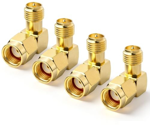 AmiCera 90 Grad Winkeladapter für Koaxialkabel, 4 Stück RP-SMA Stecker auf RP-SMA Buchse Vergoldet, Winkel Adapter für Audio FPV Drone Antennen Video WiFi Repeater, Sat Kabel Verbinder