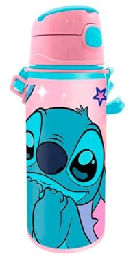 Kids Licensing - Botella de Agua Niños y Niñas - Cantimplora de Aluminio con Asa y Cierre de Clic, Libre de BPA y Toxinas, 600 ml, Diseño de Stitch