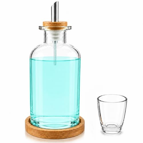 Glass Mouthwash Dispenser for Bathroom 11.8oz/350ml | with Bamboo Tray & Steel Nozzle & Reusable Mouthwash Cup, Rustproof, Bathroom Decor for Home Office