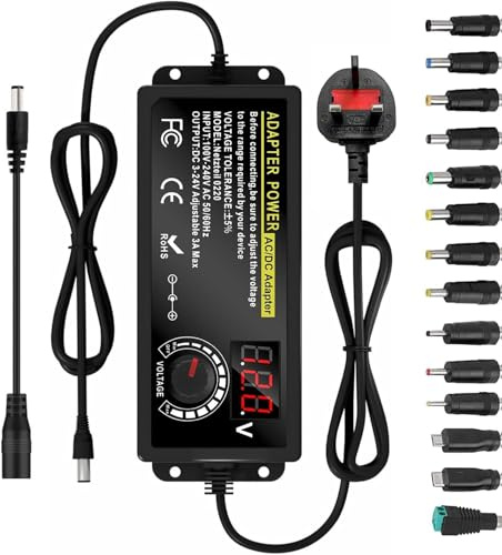 Universal Power Adapter 3A 72W Adjustable Variable AC/DC Adapter Charger | 100V-240V AC to DC 3V~24V Converter, LED Voltage Display, 14 Kinds of Plugs, Polarity Converter