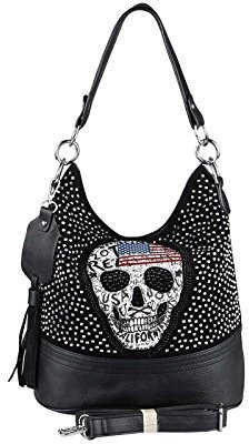 OBC Damen Totenkopf Skulls Tasche Strasssteine Glitzer Bowling Handtasche Shopper XL Beuteltasche Schultertasche (Schwarz 34x29x18 cm)