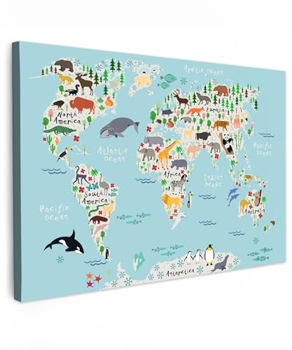 MuchoWow Leinwand Bilder, Einzigartige Wanddeko mit Rahmen, Weltkarte - Kinder - Tiere - Blau - Orca - Wal, Wandbilder Wohnzimmer, Deko Schlafzimmer 150x100 cm