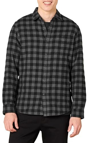 Amazon Essentials Chemise Ajustée en Flanelle à Carreaux Avec Boutons et Manches Longues Homme, Noir Charbon Carreaux Lainés, XXL