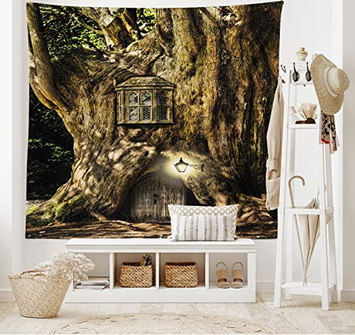 ABAKUHAUS Fantasie Wandteppich und Tagesdecke, Märchenhaus Baum aus Weiches Mikrofaser Stoff Waschbar ohne Verblassen Digitaldruck, 230 x 140 cm, Braun