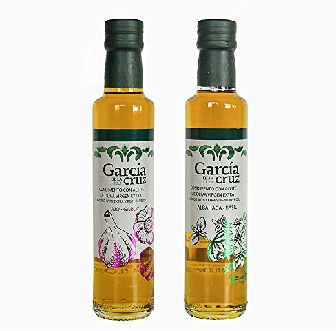 GARCÍA DE LA CRUZ Huile d'Olive Vierge Extra Biologique Aromatisée 250 ml | Arômes Basilic et Ail. Coffret cadeau. Bouteilles en verre. Pack de 2. Origine Montes de Toledo, Espagne.