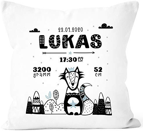 SpecialMe® personalisierbare Kissen-Hülle zur Geburt Fuchs Scandi Style Geburtskissen Namenskissen Geschenk Geburt Baby Jungen weiß Unisize