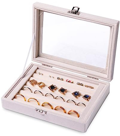 Frebeauty Ringe/Ohrring-Organizer-Tablett mit transparentem Deckel, 7 Fächer, Samt-Schubladeneinsatz, Schmuck-Aufbewahrungsbox, Schmuck-Vitrine, Schmuckkästchen, Geschenk (Beige,7 Fächer)