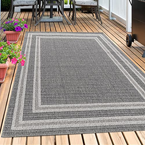 Outdoor Teppich Wetterfest Terasse Garten Balkon Picknick Camping Teppich Bordüre Design Sisal Optik Flachgewebe Küchenteppich Pflegeleicht Rechteckigen Form Farbe: Grau, Grösse: 140 x 200 cm