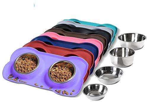 Hubulk Futternäpfe für Hunde, 2 Edelstahl-Hundenäpfe mit rutschhemmender Silikonmatte und Futterschaufel für Haustiere, für kleine und mittelgroße Hunde, Katzen, Welpen (groß, lila)