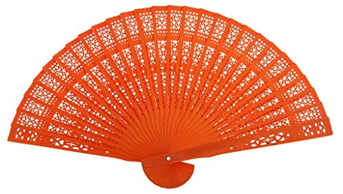 Tiuimk Chinese Japanese Fans Ancient Carved Wooden Fan Foldable Hand For Women Wedding Party Home Decorations Orange