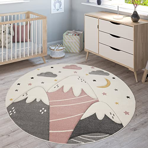 Paco Home Teppich Kinderzimmer Kinderteppich Spielteppich Junge Mädchen 3D Optik Modern Pastell Berge Wolken Sterne, Grösse:160 cm Rund