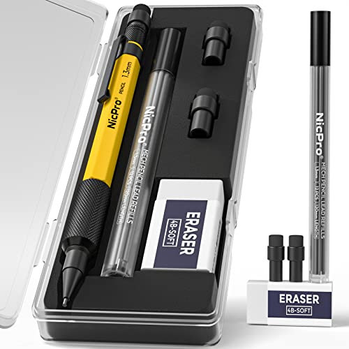 Nicpro 1,3 mm Druckbleistift Set mit 12 Bleistiftminen, Radiergummi Wetterfestes Metallfass Strapazierfähiger Zimmermannsbleistift zum Markieren im Außenbereich Zeichnen Skizzieren mit Etui