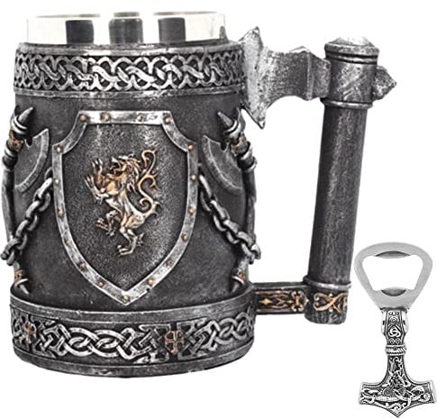 PBTMCD 3D Viking Tankard Mug with Thor's Hammer Bottle Opener, 304 Stainless Steel Insert Resin Whiskey Barrel Cup Bar Stein Beer Mug, for Men Father's Day Coffee Mug Gift,Viking Axe