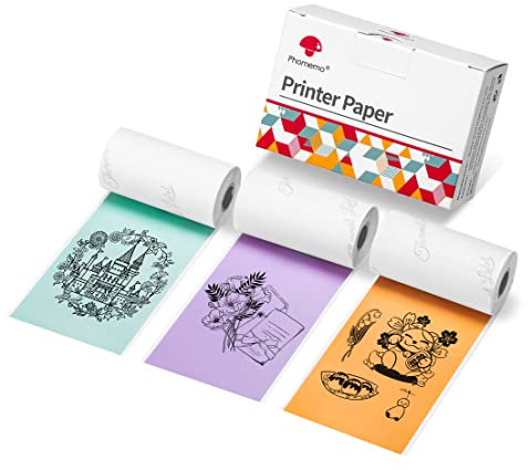Phomemo 53mm Thermopapier Farbe für T02/M02/M02S/M02Pro/M02X/M02L/M03/M03AS/M04S/M04AS/M832/M833/M834 Mini Taschendrucker, 3 Rollen selbstklebendes Farbaufkleberpapier, 53 mm x 3,5 m, Lila/Grün/Orange