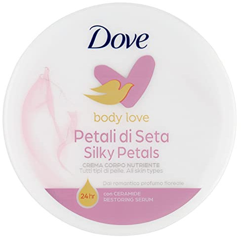 Dove Körpercreme Seidenblätter, nährende Körpercreme für alle Hauttypen, duftende und glatte Haut mit seidigem Effekt für 24 Stunden, mit Ceramid Restoring Serum, Dermatologisch getestet, 300 ml, 1