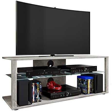 VCM Holz TV Lowboard Fernsehschrank Rack Konsole Möbel Fernsehtisch Fernseh Phono Glas Folas XL Beton-Grau