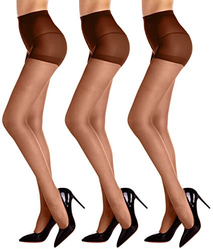 HA WA 3 Paar Strumpfhosen Für Damen 20 Den,Bauchweg Strumpfhosen Damen,Shape Feinstrumpfhose mit Hohe Taille Butt Lift Und Verstärkten Zehen Für Frauen(Braun,XL)