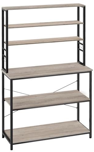 VASAGLE Scaffale da Cucina, Supporto per Forno a Microonde, Portaoggetti a 6 Ripiani con 6 Ganci per Bar, Struttura in Acciaio, Industriale, 40 x 100 x 167 cm, Greige e Nero KKS039K02