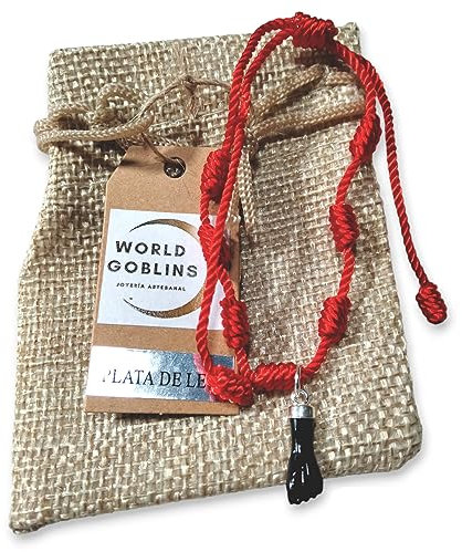 WORLD GOBLINS Pulsera Nudos Roja, Amuleto Plata 925, Mano Negra. Higa. Brujería, Suerte y Protección. Pulsera contra el Mal de Ojo para Parejas y Amistad. Ajustable. Regalos Originales Religiosos