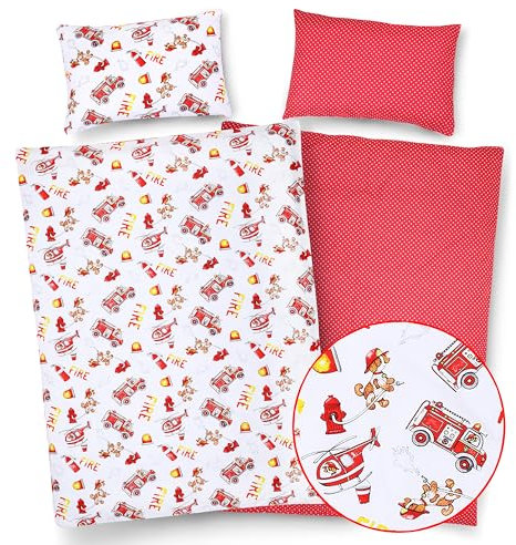 PinkZebra Baby & Kinder Bettwäsche doppelseitig: Decke 100 x 135 cm + Kissen 40 x 60 cm, Baby Bettwäsche Jungen, aus 100% Baumwolle, Öko-Tex Standard 100, Made in EU, Feuerwehr