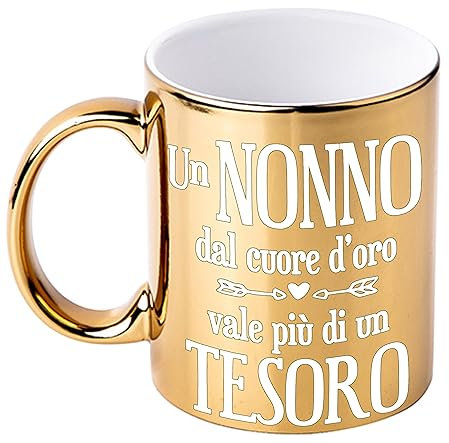 Bombo Taza de cerámica metalizada de color dorado para celebrar al abuelo, con la frase Un abuelo de corazón dorado vale más que un tesoro