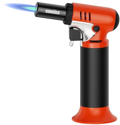 Sondiko Butanbrenner mit Brennstoffanzeige S907, Nachfüllbarer Lötbrenner mit einstellbarer Flamme zum Schweißen, Kunstharz, Industrie, Orange & Schwarz (Butan Nicht Inbegriffen)