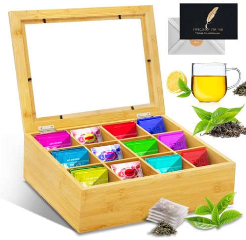 UCAMP Scatola da tè,Scatola Porta Tè e Tisane,Scatola 12 Scomparti in Legno,Scatola Porta Bustine Tè Tisane in Legno Naturale,Salva-aroma,con Coperchio in Vetro Acrilico,per Bustine e Foglie