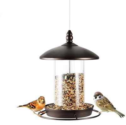 Vogelfutterstation aus Metall zum Aufhängen im Freien, Wildvogel-Futterspender für Kardinal, großes Dach und Tablett – 6 Anschlüsse