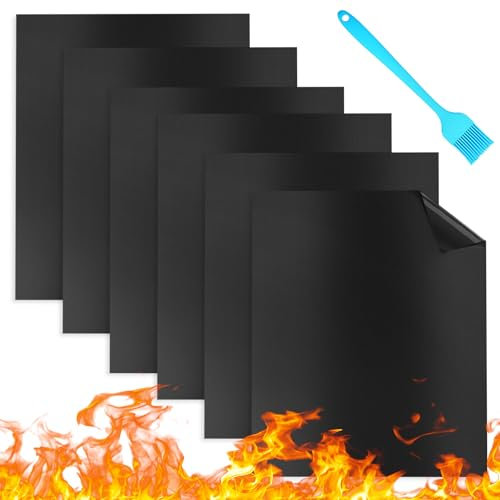 BBQ Mats, Set of 6 BBQ Grill Mats Non Stick Barbecue Black Baking Mat, Reusable Oven Liners, Easy to Clean, Washable Teflon BBQ Cooking Mats for Electric Grill Gas Charcoal (40x30CM)