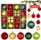 44pcs Baubles di Natale Rosso Verde Oro Set, Ø6/4.3/3cm Deco con Gancio, Albero di Natale in Plastica per Festa e Regali