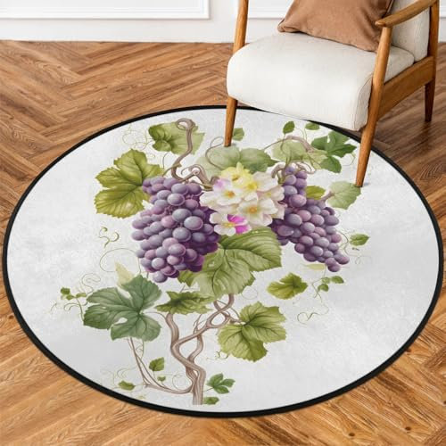 Teppich mit Blumenmotiv und Traubenbaum, für Wohnzimmer, Schlafzimmer, Küche, Esszimmer, Kinderzimmer, 160 cm, kreisförmig, rutschfest, für den Innenbereich, große Matte
