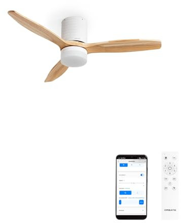 CREATE / WINDCALM LINE/Ventilateur de plafond blanc avec lumière, Wifi et télécommande, pales bois naturel lignes horizontales / 40W, Ø132 cm, 3 températures de lumière, fonction été-hiver