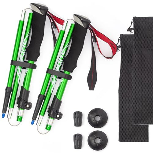 Wanderstöcke, Walking Stöcke Aluminium, mit extra Gummipuffer und Tragebeutel, Faltbare Leichte Trekkingstöcke für Damen und Herren, Wanderstock Verstellbar für Trekking (Grün)