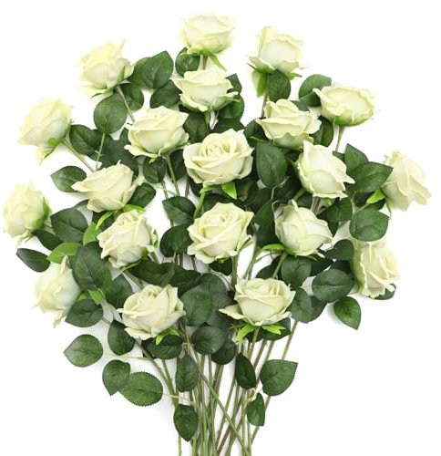 JUSTOYOU 20 PCS Green Rose Artificial Flower,Silk Blooming Rose with Stem,Artificial Rose Bouquet Realistic Flower for Home Table Office Party Wedding Garden Arrangements(light green rose)