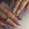 GlamRays Pack of 24 French Tip Press On Nails Medium Length Bohemian Style False Nails Almond Shape Blue Heart Lines Acrylic Nails with Shiny Bohemian Design False Nails