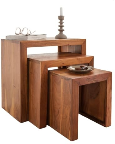 Liadomo Beistelltisch Holz, Bianca, 3er Set, DREI Tische, höhenversetzt | Couchtisch, Nachttisch, massives Akazienholz, nussfarben, praktische Ablage, flexibel einsetzbar, robust, langlebig