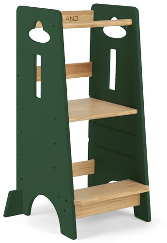 COSYLAND Lernturm ab 1 Jahr - Höhenverstellbarer Learning Tower für Kinder (3-stufig) - Montessori Lernturm mit Kippschutz & Massivholz (Holzfarbe und Waldgrün)