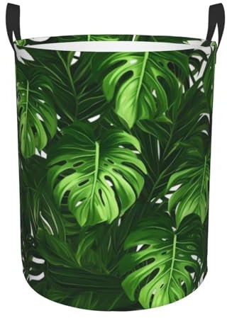 Runder Wäschekorb für Schlafzimmer, Monstera Deliciosa, Bananenpalmendruck, Wäschekörbe mit Griffen, faltbar, waschbar, Wäschekorb, Spielzeug-Aufbewahrungskorb, Organisation, schmutzige Kleidung, Korb